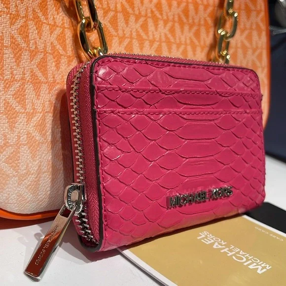 Michael Kors Women Medium Zip Around Card Case Coin Pouch Wallet Electric Pink - Picture 2 of 16